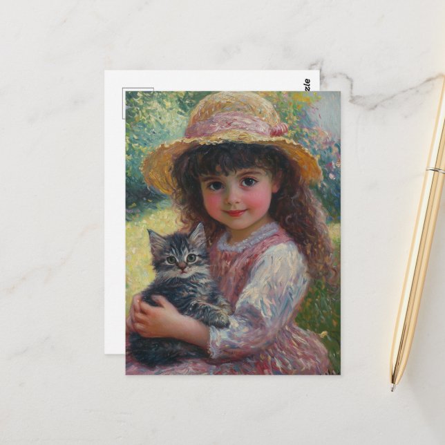 The Adorable Little Girl and Her Cat Postcard (Front/Back In Situ)