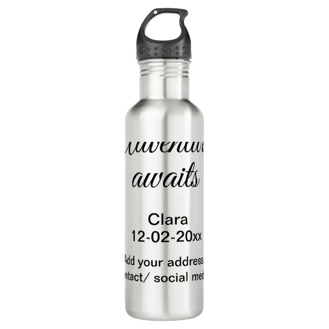 The adventure begins add name date year place 710 ml water bottle (Front)