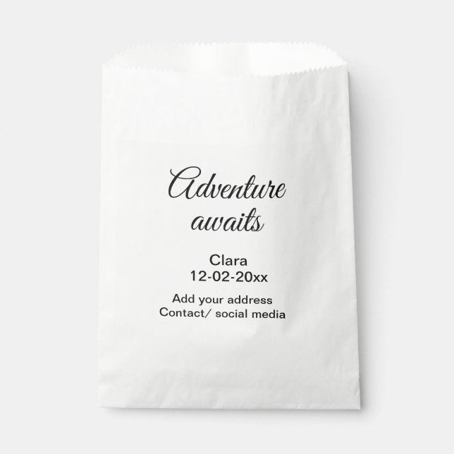 The adventure begins add name date year place favour bag (Front)