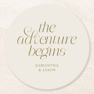 The Adventure Begins Beige Wedding Round Paper Coaster