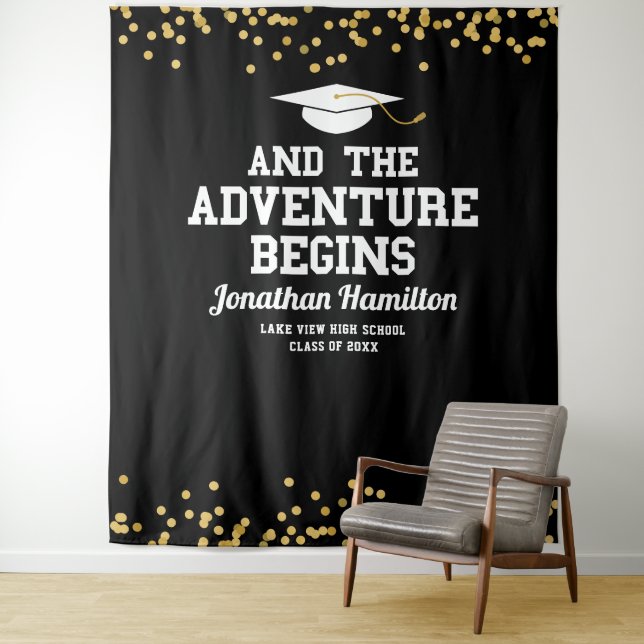 The Adventure Begins Black Grad Party Backdrop Tapestry (In Situ)