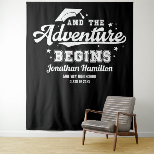 The Adventure Begins Black Grad Party Backdrop Tapestry