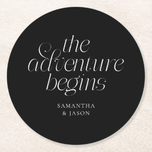 The Adventure Begins Black Wedding Round Paper Coaster