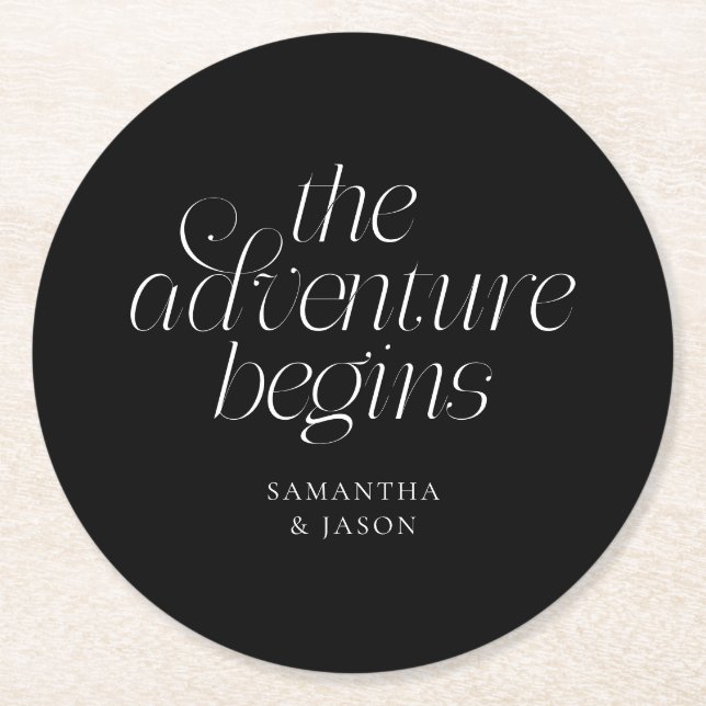 The Adventure Begins Black Wedding Round Paper Coaster (Front)