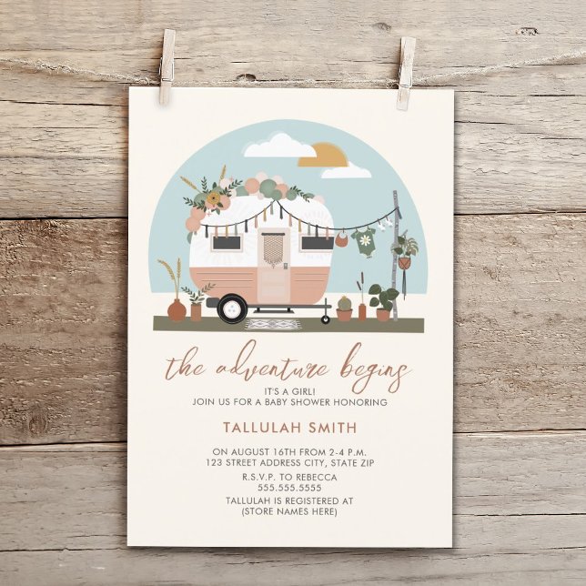 The Adventure Begins Boho  Pink Camper Baby Shower Invitation (Creator Uploaded)