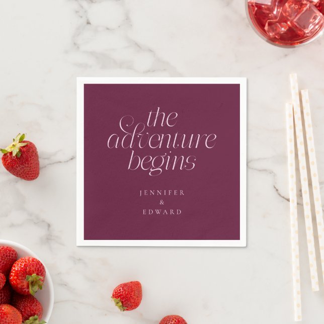 The Adventure Begins Cranberry Modern Typography Napkin (Insitu)