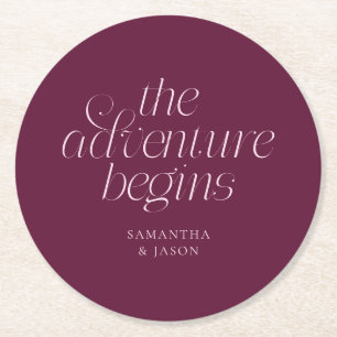 The Adventure Begins Cranberry Wedding Round Paper Coaster