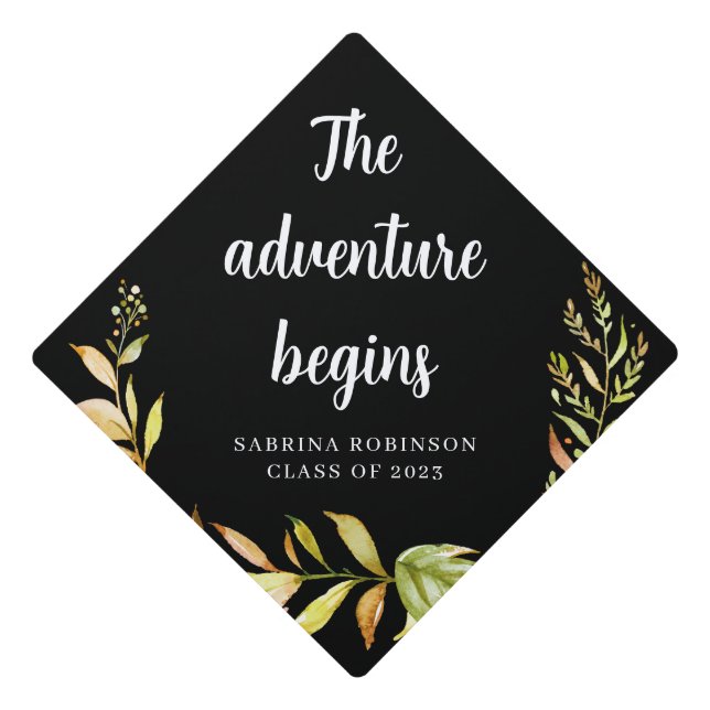 The adventure begins custom greenery graduation cap topper (Front)