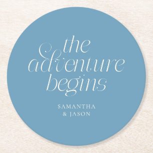The Adventure Begins Denim Blue Wedding Round Paper Coaster
