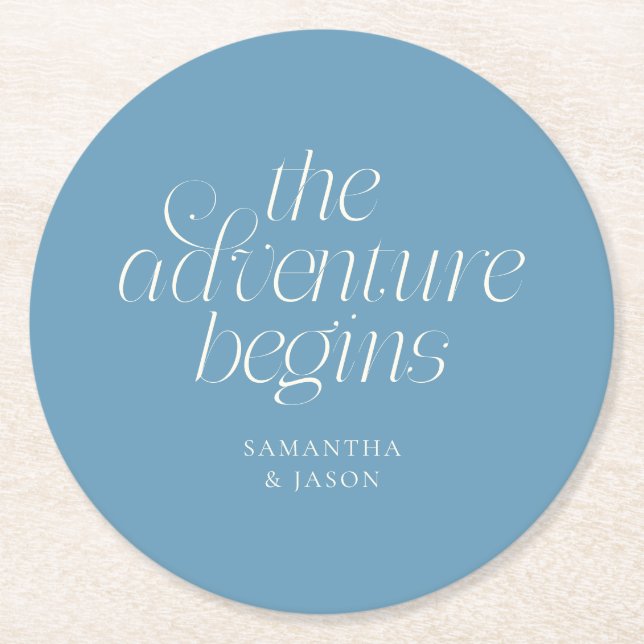 The Adventure Begins Denim Blue Wedding Round Paper Coaster (Front)