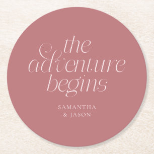 The Adventure Begins Dusty Pink Wedding Round Paper Coaster