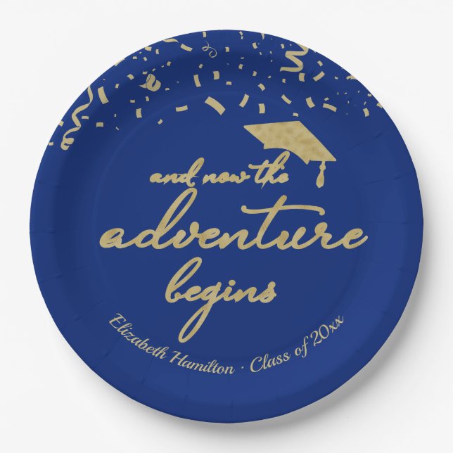 The Adventure Begins Gold Foil Blue Grad Party  Paper Plate (Front)
