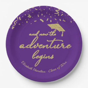The Adventure Begins Gold Foil Graduation Party Paper Plate