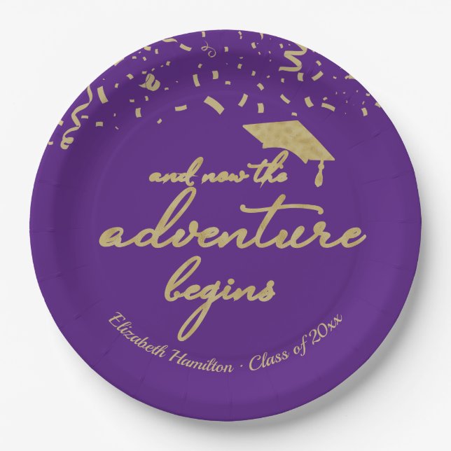 The Adventure Begins Gold Foil Graduation Party  Paper Plate (Front)
