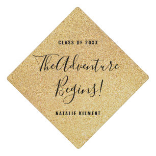 The Adventure Begins Grad Black and Gold Glitter Graduation Cap Topper