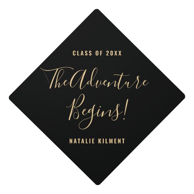 The Adventure Begins Grad Black and Gold Name Graduation Cap Topper (Front)