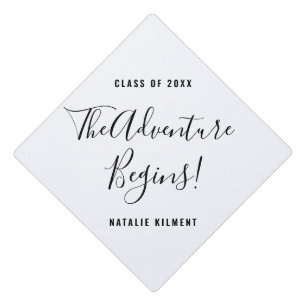 The Adventure Begins Grad Black and White Name Graduation Cap Topper