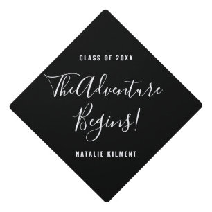 The Adventure Begins Grad Black and White Name Graduation Cap Topper