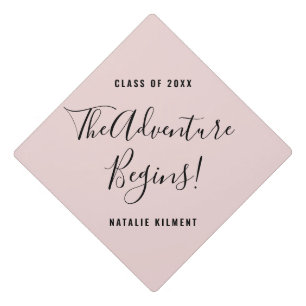 The Adventure Begins Grad Pink and Black Name Graduation Cap Topper
