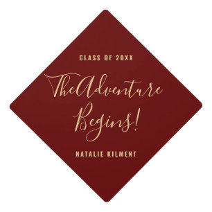 The Adventure Begins Grad Red and Gold Name Graduation Cap Topper