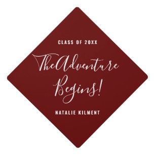 The Adventure Begins Grad Red and White Name Graduation Cap Topper