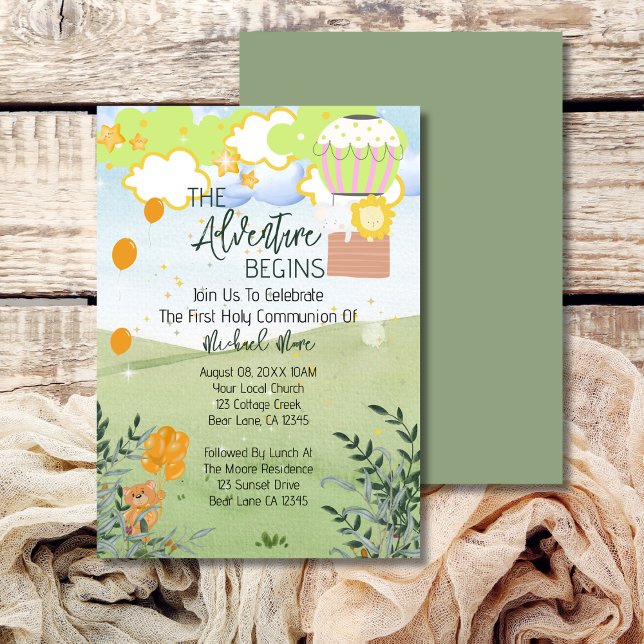 The adventure begins Hot Air Balloon 1st Communion Invitation (Creator Uploaded)