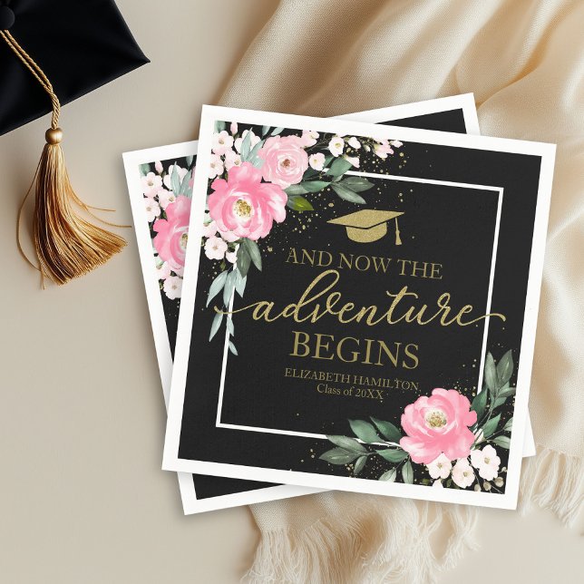 The Adventure Begins Hot Pink Floral Grad Party Napkin (Creator Uploaded)