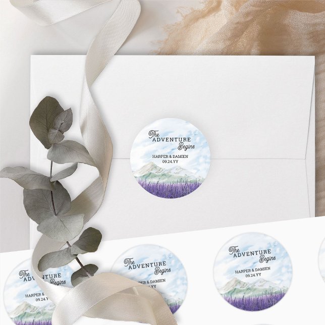The Adventure Begins Lavender Valley Wedding Classic Round Sticker (The Adventure Begins stickers from my Mountain Lavender Wedding Collection)