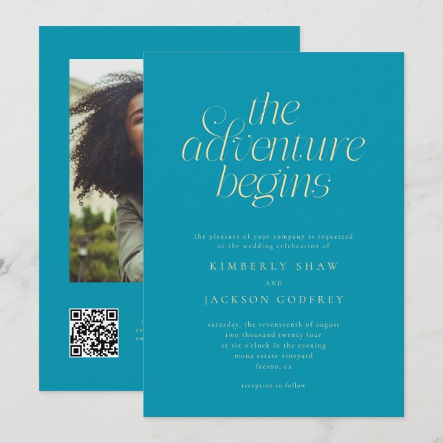 The Adventure Begins Minimal Aqua Blue Wedding  Invitation (Front/Back)
