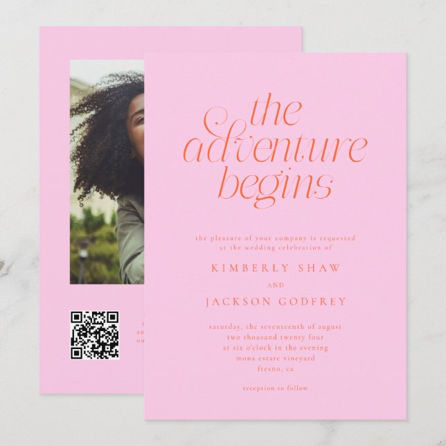 The Adventure Begins Minimal Orange Pink Wedding  Invitation (Front/Back)