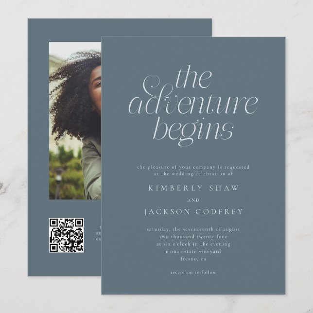 The Adventure Begins Minimal Slate Blue Wedding  Invitation (Front/Back)