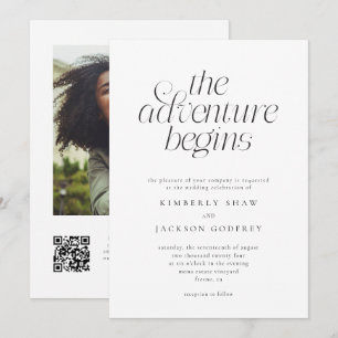 The Adventure Begins Minimalist White Wedding Invitation