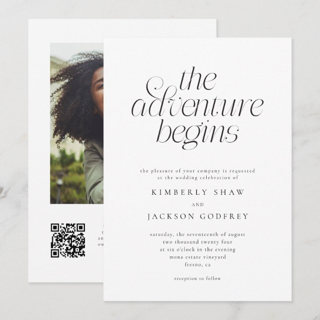 The Adventure Begins Minimalist White Wedding  Invitation (Front/Back)