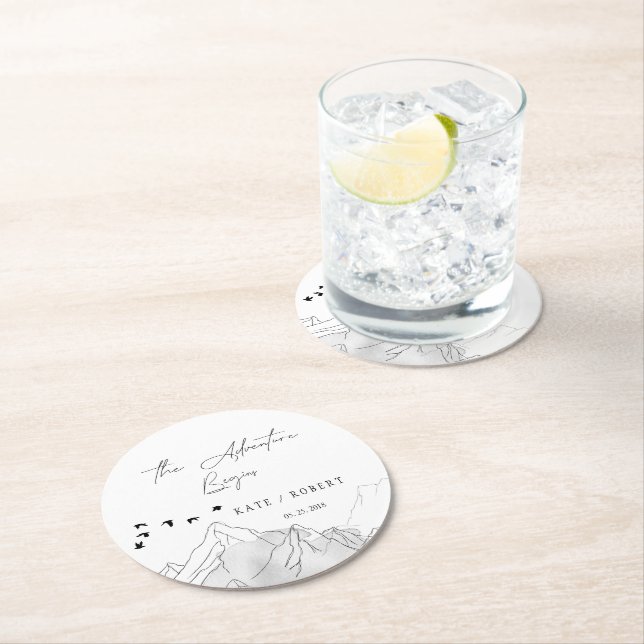 The Adventure Begins Modern Wedding Round Paper Coaster (Insitu)