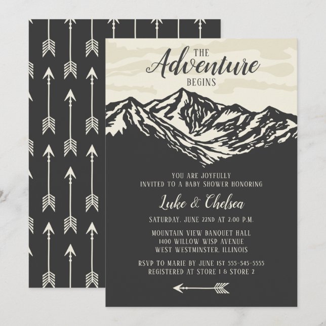 The Adventure Begins Mountain Rustic Baby Shower Invitation (Front/Back)