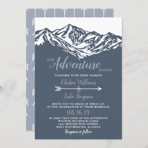 The Adventure Begins Mountain Wedding Dusty Blue Invitation