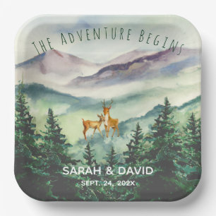 The Adventure Begins Mountains Deer Forest Wedding Paper Plate
