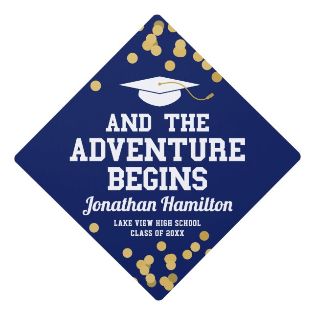 The Adventure Begins Navy Blue Graduation Cap Topper (Front)