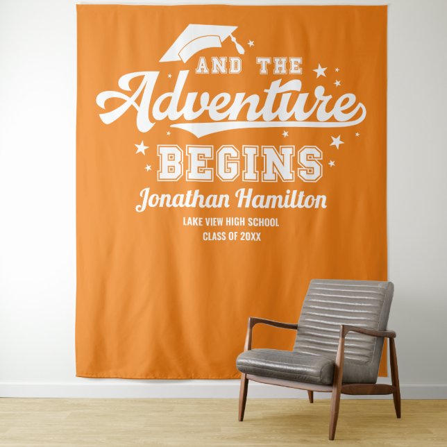 The Adventure Begins Orange Graduation Backdrop Tapestry (In Situ)