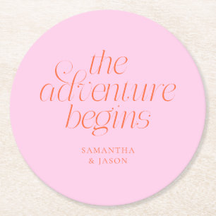 The Adventure Begins Orange Pink Wedding Round Paper Coaster