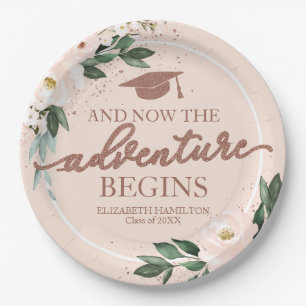 The Adventure Begins Pink Blush Floral Grad Party Paper Plate