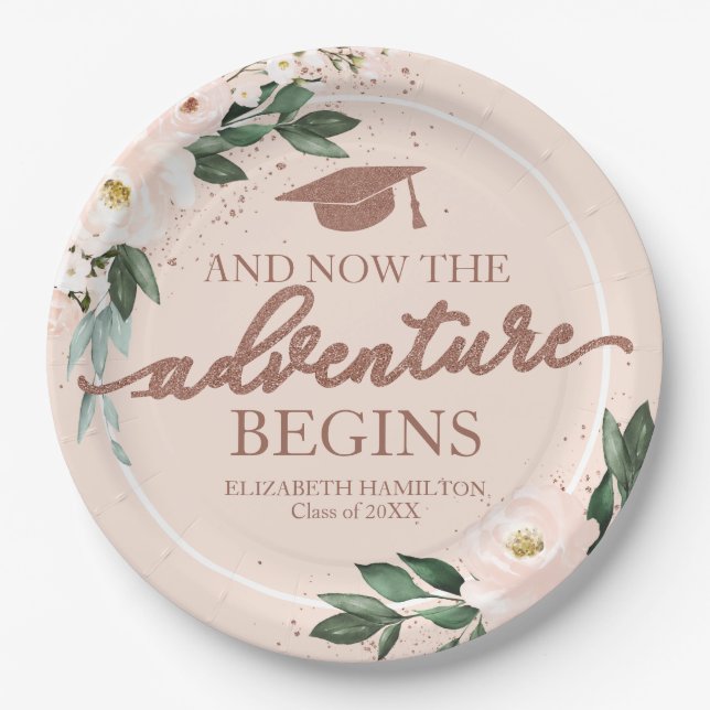 The Adventure Begins Pink Blush Floral Grad Party  Paper Plate (Front)