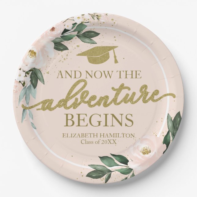 The Adventure Begins Pink Blush Floral Grad Party Paper Plate (Front)