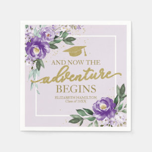 The Adventure Begins Purple Floral Grad Party Napkin