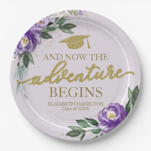 The Adventure Begins Purple Floral Grad Party Paper Plate