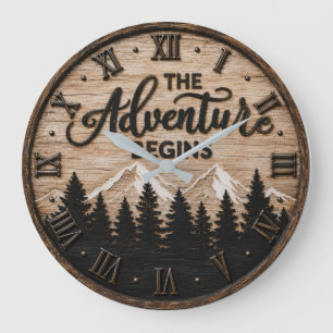 The Adventure Begins Rustic Mountain Cabin Large Clock