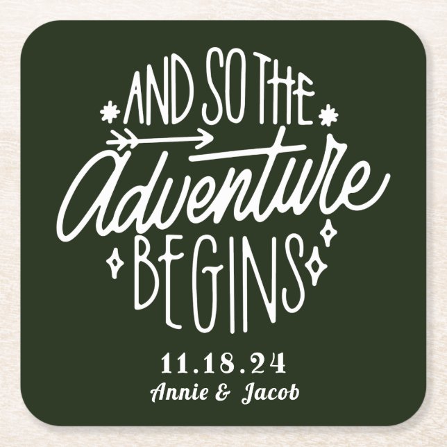 The Adventure Begins Save the Date Square Paper Coaster (Front)