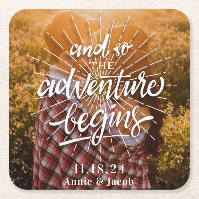 The Adventure Begins Save the Date Square Paper Coaster (Front)