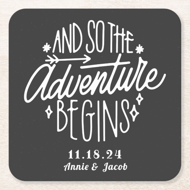 The Adventure Begins Save the Date Square Paper Coaster (Front)