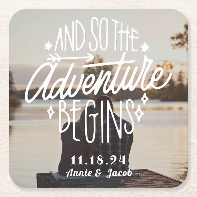 The Adventure Begins Save the Date Square Paper Coaster (Front)